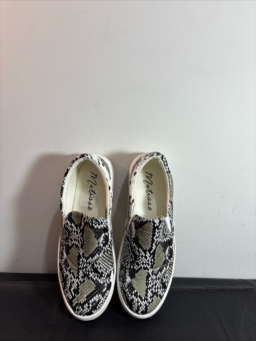 Matisse Womens Slip-On Sneaker in Black and White Snake Print. 9/6